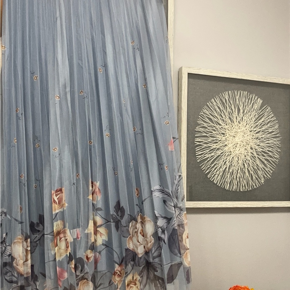 Pleated Floral Midi Skirt in Light Blue